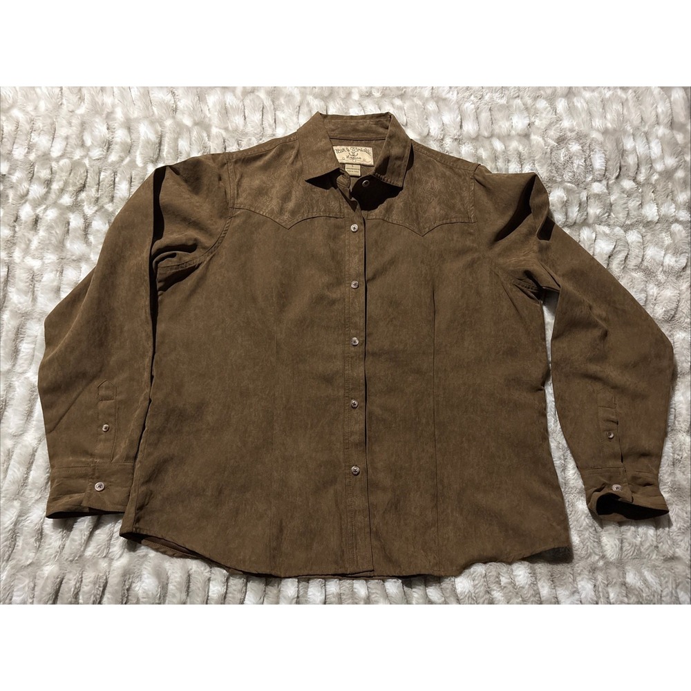 Bit & Bridle Ladies Brown Faux Suede Large Shirt Floral pointed Western yoke